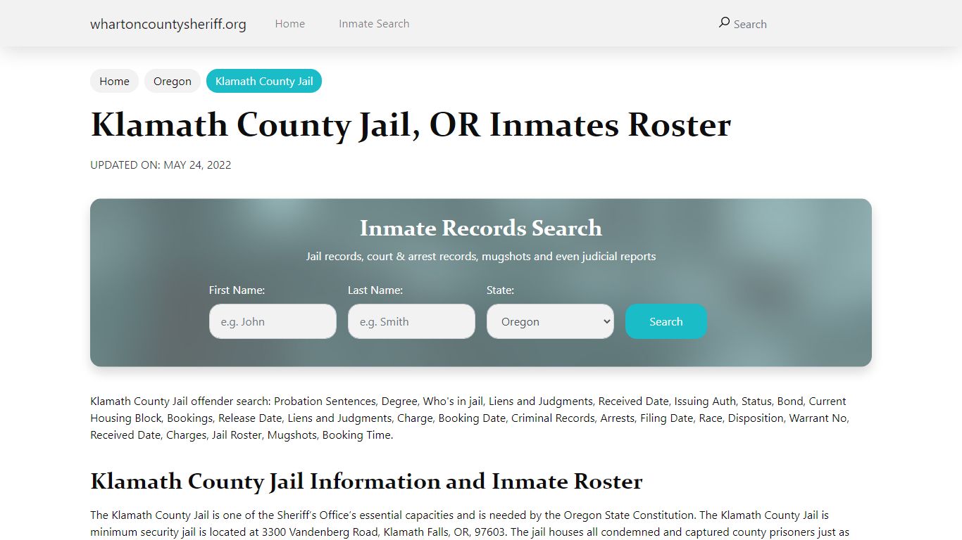 Klamath County Jail, OR Jail Roster, Name Search